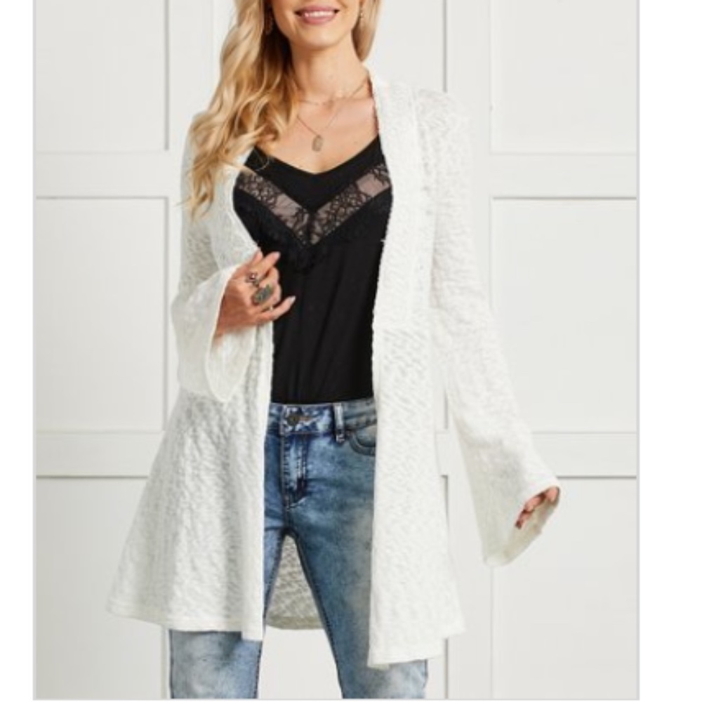 Suzanne Betro  White Lace-Accent Open Cardigan -  1X
